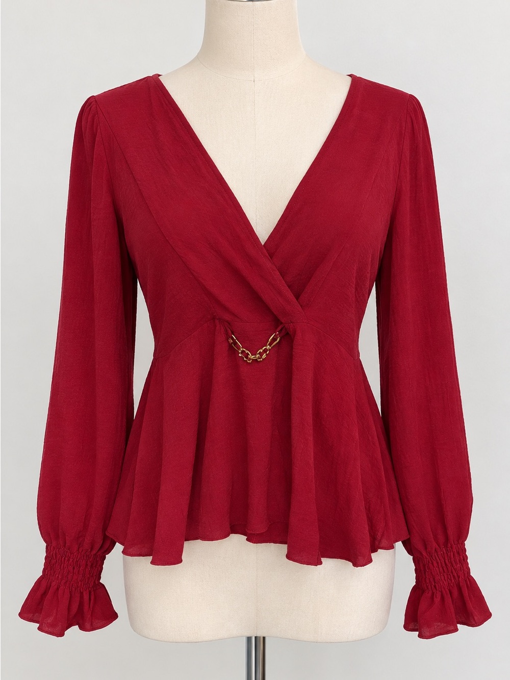 Red Wrap Peplum Blouse with Chain Detail